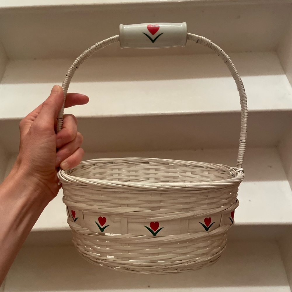 Vintage White Woven Basket with Red Ceramic Heart Handle
